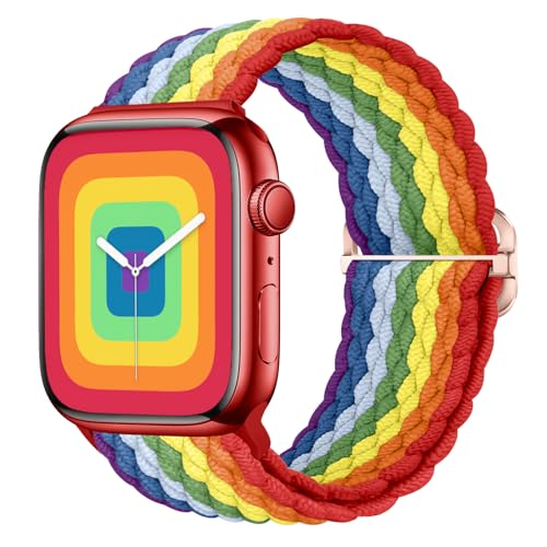 Nepfaivy Geflochtenes Armband Kompatibel mit Apple Watch Armband 40mm 41mm 38mm 42mm für Damen Herren, Nylon Stoff Sport Elastisches Ersatzarmband für iWatch Series 10/9/8/SE/7/6/5/4/3/2/1, Regenbogen von Nepfaivy