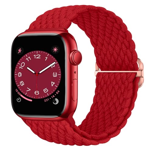 Nepfaivy Geflochtenes Armband Kompatibel mit Apple Watch Armband 40mm 41mm 38mm 42mm für Damen Herren, Nylon Stoff Sport Elastisches Ersatzarmband für iWatch Series 10/9/8/SE/7/6/5/4/3/2/1, Rot von Nepfaivy