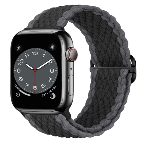 Nepfaivy Geflochtenes Armband Kompatibel mit Apple Watch Armband 40mm 41mm 38mm 42mm für Damen Herren, Nylon Stoff Sport Elastisches Ersatzarmband für iWatch Serie 10/9/8/SE/7/6/5/4/3/2/1, Schwarzgrau von Nepfaivy
