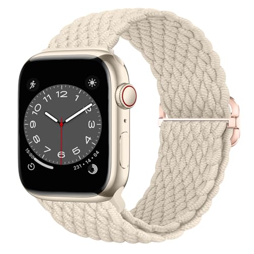 Nepfaivy Geflochtenes Armband Kompatibel mit Apple Watch Armband 40mm 41mm 38mm 42mm für Damen Herren, Nylon Stoff Sport Elastisches Band für iWatch Series 10/9/8/SE/7/6/5/4/3/2/1, Sternenlicht von Nepfaivy