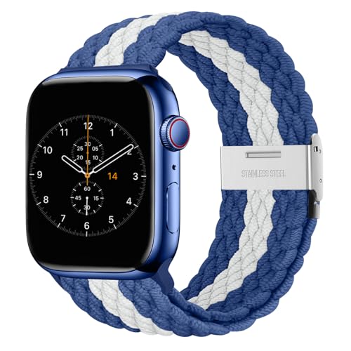 Nepfaivy Geflochtenes Armband Kompatibel mit Apple Watch Armband 40mm 41mm 38mm für Damen Herren, Nylon Stoff Sport Verstellbares Band für iWatch Series 9/8/SE/7/6/5/4/3/2/1(S, Blau und Weiß) von Nepfaivy