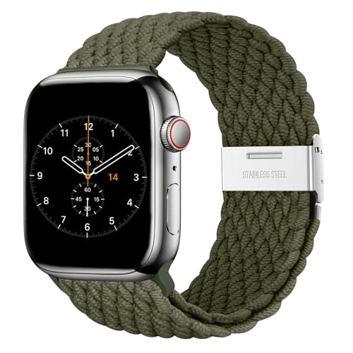Nepfaivy Geflochtenes Armband Kompatibel mit Apple Watch Armband 40mm 41mm 38mm 42mm für Damen Herren, Nylon Stoff Sport Verstellbares Band für iWatch Series 10/9/8/SE/7/6/5/4/3/2/1, Dunkel-Olivgrün von Nepfaivy