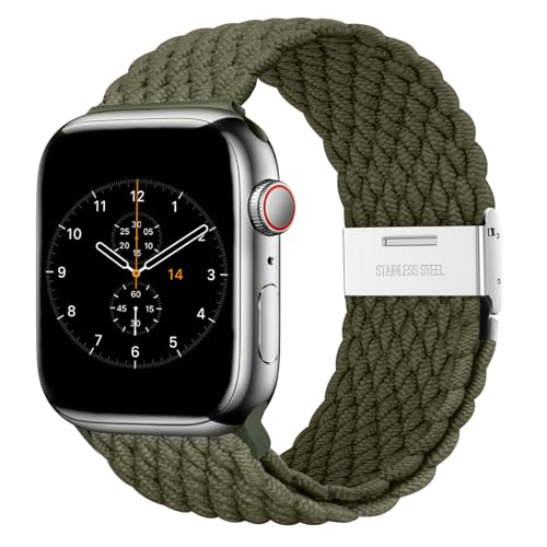 Nepfaivy Geflochtenes Armband Kompatibel mit Apple Watch Armband 40mm 41mm 38mm für Damen Herren, Nylon Stoff Sport Verstellbares Band für iWatch Series 9/8/SE/7/6/5/4/3/2/1(S, Dunkel-Olivgrün) von Nepfaivy