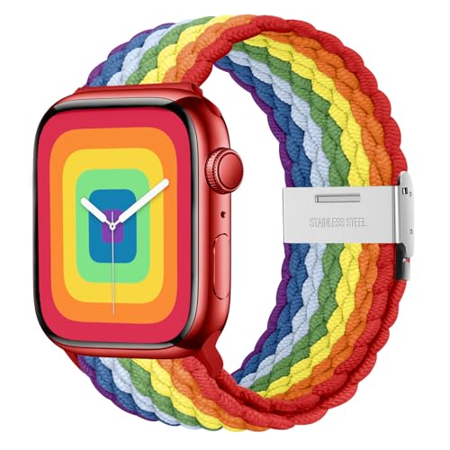 Nepfaivy Geflochtenes Armband Kompatibel mit Apple Watch Armband 40mm 41mm 38mm 42mm für Damen Herren, Nylon Stoff Sport Verstellbares Band für iWatch Series 10/9/8/SE/7/6/5/4/3/2/1, Regenbogen von Nepfaivy
