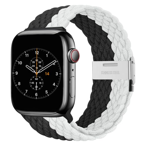 Nepfaivy Geflochtenes Armband Kompatibel mit Apple Watch Armband 40mm 41mm 38mm 42mm für Damen Herren, Nylon Stoff Sport Verstellbares Band für iWatch Series 10/9/8/SE/7/6/5/4/3/2/1, Schwarzweiß von Nepfaivy
