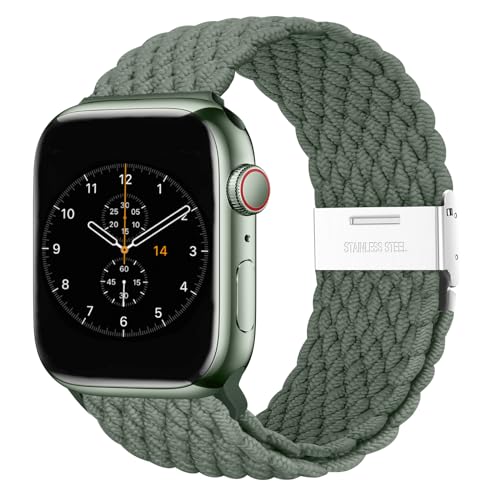 Nepfaivy Geflochtenes Armband Kompatibel mit Apple Watch Armband 40mm 41mm 38mm 42mm für Damen Herren, Nylon Stoff Sport Verstellbares Ersatzarmband für iWatch Series 10/9/8/SE/7/6/5/4/3/2/1, Grün von Nepfaivy
