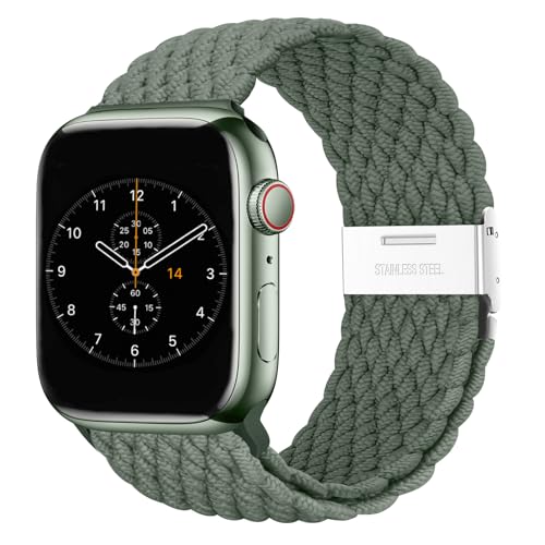 Nepfaivy Geflochtenes Armband Kompatibel mit Apple Watch Armband 40mm 41mm 38mm für Damen Herren, Nylon Stoff Sport Verstellbares Ersatzarmband für iWatch Series 9/8/SE/7/6/5/4/3/2/1(S, Grün) von Nepfaivy