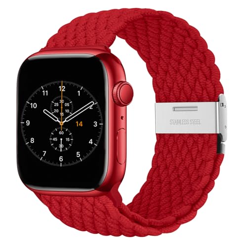 Nepfaivy Geflochtenes Armband Kompatibel mit Apple Watch Armband 40mm 41mm 38mm 42mm für Damen Herren, Nylon Stoff Sport Verstellbares Ersatzarmband für iWatch Series 10/9/8/SE/7/6/5/4/3/2/1, Rot von Nepfaivy