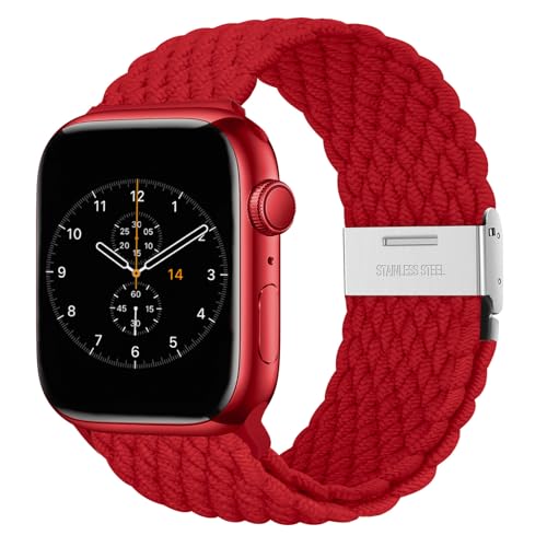 Nepfaivy Geflochtenes Armband Kompatibel mit Apple Watch Armband 40mm 41mm 38mm für Damen Herren, Nylon Stoff Sport Verstellbares Ersatzarmband für iWatch Series 9/8/SE/7/6/5/4/3/2/1(S, Rot) von Nepfaivy