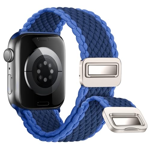 Nepfaivy Geflochtenes Armband Kompatibel mit Apple Watch Armband 45mm 44mm 49mm 42mm, Nylon Elastisches Band mit Magnetischer Schnalle für iWatch Series 9/8/SE/7/6/5/4/3/2/1/Ultra(M, Bilateral blau) von Nepfaivy