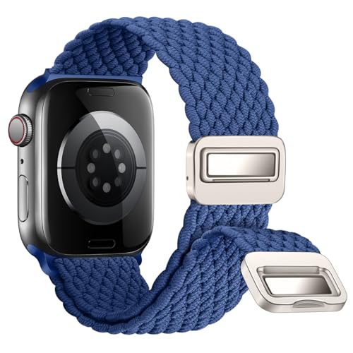 Nepfaivy Geflochtenes Armband Kompatibel mit Apple Watch Armband 45mm 44mm 49mm 42mm, Nylon Elastisches Band mit Magnetischer Schnalle für iWatch Series 9/8/SE/7/6/5/4/3/2/1/Ultra(M, Blau) von Nepfaivy