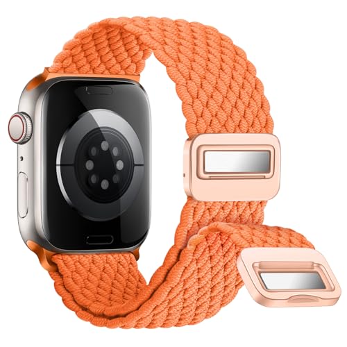 Nepfaivy Geflochtenes Armband Kompatibel mit Apple Watch Armband 45mm 44mm 46mm 49mm 42mm, Nylon Elastisches Band mit Magnetischer Schnalle für iWatch Series 10/9/8/SE/7/6/5/4/3/2/1/Ultra, Orange von Nepfaivy