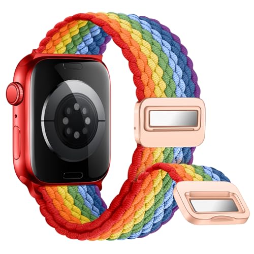Nepfaivy Geflochtenes Armband Kompatibel mit Apple Watch Armband 45mm 44mm 46mm 49mm 42mm, Nylon Elastisches Band mit Magnetischer Schnalle für iWatch Series 10/9/8/SE/7/6/5/4/3/2/1/Ultra, Regenbogen von Nepfaivy