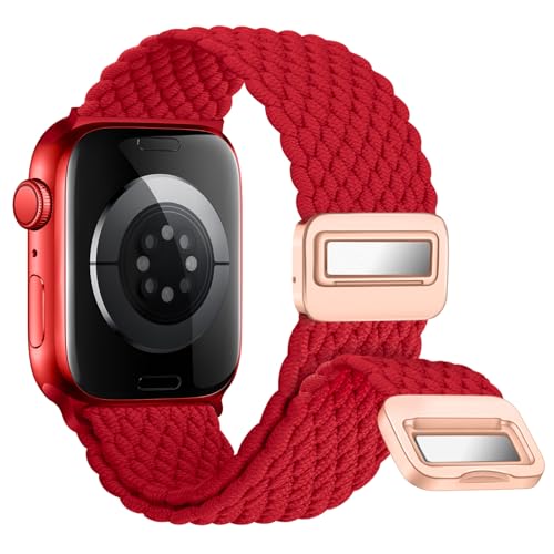 Nepfaivy Geflochtenes Armband Kompatibel mit Apple Watch Armband 45mm 44mm 49mm 42mm, Nylon Elastisches Band mit Magnetischer Schnalle für iWatch Series 9/8/SE/7/6/5/4/3/2/1/Ultra(M, Rot) von Nepfaivy
