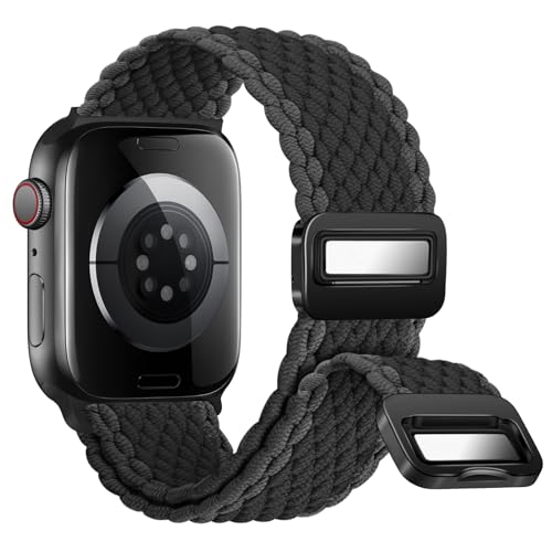 Nepfaivy Geflochtenes Armband Kompatibel mit Apple Watch Armband 45mm 44mm 46mm 49mm 42mm, Nylon Elastisches Band mit Magnetischer Schnalle für iWatch Series 10/9/8/SE/7/6/5/4/3/2/1/Ultra, Schwarzgrau von Nepfaivy