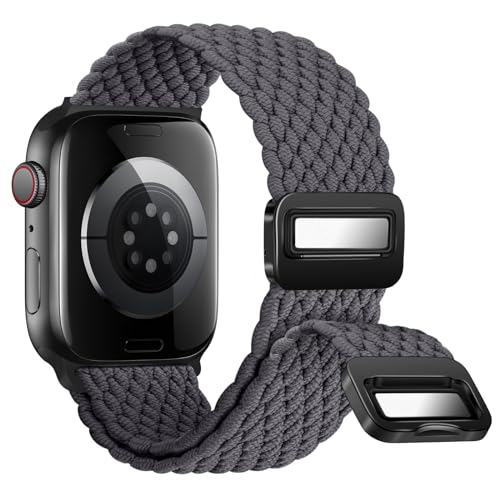 Nepfaivy Geflochtenes Armband Kompatibel mit Apple Watch Armband 45mm 44mm 49mm 42mm, Nylon Elastisches Band mit Magnetischer Schnalle für iWatch Series 9/8/SE/7/6/5/4/3/2/1/Ultra(M, Spacegrau) von Nepfaivy