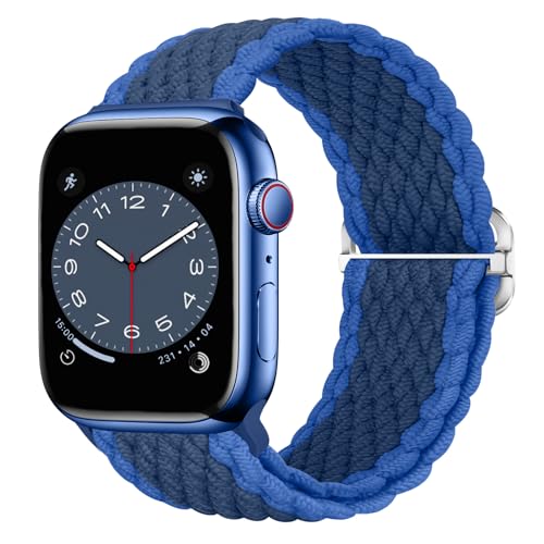 Nepfaivy Geflochtenes Armband Kompatibel mit Apple Watch Armband 45mm 44mm 46mm 49mm 42mm für Damen Herren, Nylon Stoff Elastisches Band für iWatch Series 10/9/8/Ultra/SE/7/6/5/4/3/2/1, Bilateral blau von Nepfaivy