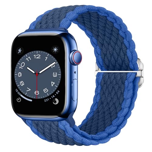 Nepfaivy Geflochtenes Armband Kompatibel mit Apple Watch Armband 45mm 44mm 49mm 42mm für Damen Herren, Nylon Stoff Elastisches Band für iWatch Series 9/8/Ultra/SE/7/6/5/4/3/2/1(M, Bilateral blau) von Nepfaivy