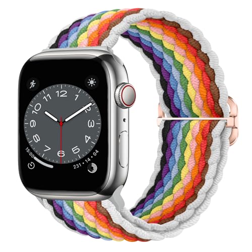 Nepfaivy Geflochtenes Armband Kompatibel mit Apple Watch Armband 45mm 44mm 46mm 49mm 42mm für Damen Herren, Nylon Stoff Elastisches Band für iWatch Serie 10/9/8/Ultra/SE/7/6/5/4/3/2/1, Weiß-Regenbogen von Nepfaivy