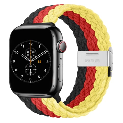 Nepfaivy Geflochtenes Armband Kompatibel mit Apple Watch Armband 45mm 44mm 46mm 49mm 42mm für Damen Herren, Nylon Stoff Sport Band für iWatch Series 10/9/8/Ultra/SE/7/6/5/4/3/2/1, Schwarz-Rot-Gelb von Nepfaivy