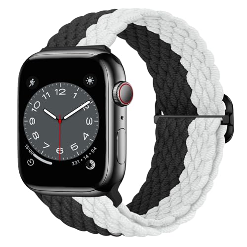 Nepfaivy Geflochtenes Armband Kompatibel mit Apple Watch Armband 45mm 44mm 46mm 49mm 42mm für Damen Herren, Nylon Stoff Elastisches Band für iWatch Series 10/9/8/Ultra/SE/7/6/5/4/3/2/1, Schwarzweiß Nepfaivy Geflochtenes Armband Kompatibel mit Apple Watch Armband 45mm 44mm 46mm 49mm 42mm für Damen Herren, Nylon Stoff Elastisches Band für iWatch Series 10/9/8/Ultra/SE/7/6/5/4/3/2/1, Schwarzweiß von Nepfaivy