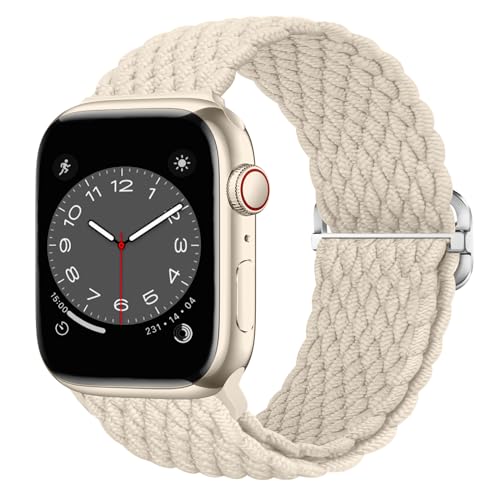 Nepfaivy Geflochtenes Armband Kompatibel mit Apple Watch Armband 45mm 44mm 49mm 42mm für Damen Herren, Nylon Stoff Sport Elastisches Band für iWatch Series 9/8/Ultra/SE/7/6/5/4/3/2/1(M, Sternenlicht) von Nepfaivy