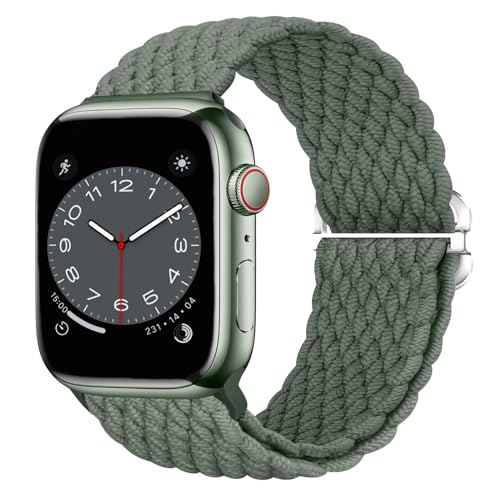 Nepfaivy Geflochtenes Armband Kompatibel mit Apple Watch Armband 45mm 44mm 49mm 42mm für Damen Herren, Nylon Stoff Sport Elastisches Band für iWatch Series 9/8/Ultra/SE/7/6/5/4/3/2/1(M, Grün) von Nepfaivy