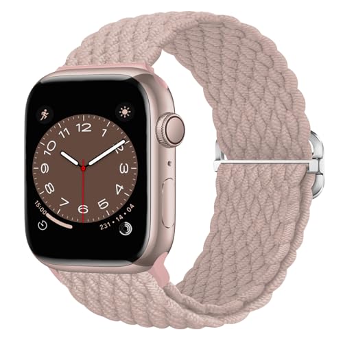 Nepfaivy Geflochtenes Armband Kompatibel mit Apple Watch Armband 45mm 44mm 46mm 49mm 42mm für Damen Herren, Nylon Stoff Sport Elastisches Band für iWatch Series 10/9/8/Ultra/SE/7/6/5/4/3/2/1, Hellrosa von Nepfaivy