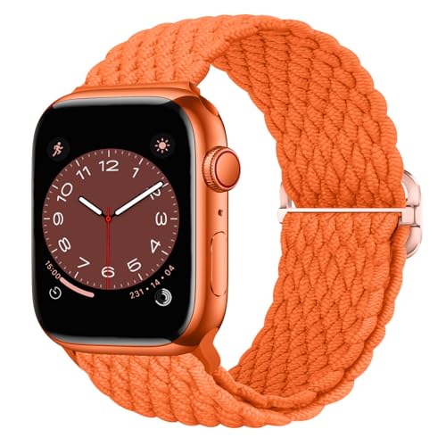 Nepfaivy Geflochtenes Armband Kompatibel mit Apple Watch Armband 45mm 44mm 49mm 42mm für Damen Herren, Nylon Stoff Sport Elastisches Band für iWatch Series 9/8/Ultra/SE/7/6/5/4/3/2/1(M, Orange) von Nepfaivy