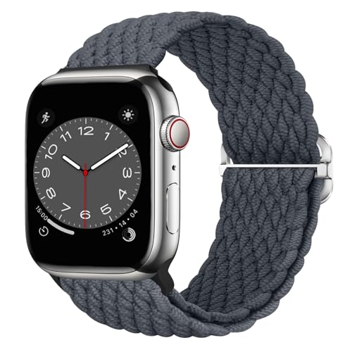 Nepfaivy Geflochtenes Armband Kompatibel mit Apple Watch Armband 45mm 44mm 49mm 42mm für Damen Herren, Nylon Stoff Sport Elastisches Band für iWatch Series 9/8/Ultra/SE/7/6/5/4/3/2/1(M, Spacegrau) von Nepfaivy