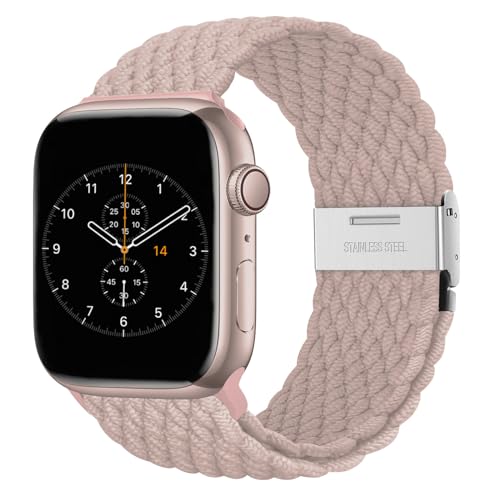 Nepfaivy Geflochtenes Armband Kompatibel mit Apple Watch Armband 45mm 44mm 49mm 42mm für Damen Herren, Nylon Stoff Sport Ersatzarmband für iWatch Series 9/8/Ultra/SE/7/6/5/4/3/2/1(M, Hellrosa) von Nepfaivy