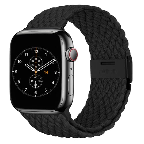 Nepfaivy Geflochtenes Armband Kompatibel mit Apple Watch Armband 45mm 44mm 49mm 42mm für Damen Herren, Nylon Stoff Sport Verstellbares Band für iWatch Series 9/8/Ultra/SE/7/6/5/4/3/2/1(M, Schwarz) von Nepfaivy