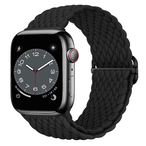 Nepfaivy Geflochtenes Armband Kompatibel mit Apple Watch Armband 40mm 41mm 38mm 42mm für Damen Herren, Nylon Stoff Sport Elastisches Ersatzarmband für iWatch Series 10/9/8/SE/7/6/5/4/3/2/1, Schwarz von Nepfaivy