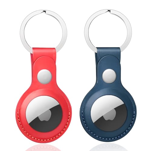 Nepfaivy Schlüsselanhänger Hülle für Airtag aus PU-Leder - 2er Pack Anhänger Kompatibel mit Apple Airtags, Tragbares Leder Case Zubehör für Air Tag Tracker(Blau + Rot) von Nepfaivy