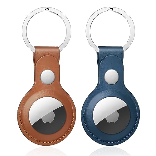 Nepfaivy Schlüsselanhänger Hülle für Airtag aus PU-Leder - 2er Pack Anhänger Kompatibel mit Apple Airtags, Tragbares Leder Case Zubehör für Air Tag Tracker(Braun + Blau) von Nepfaivy