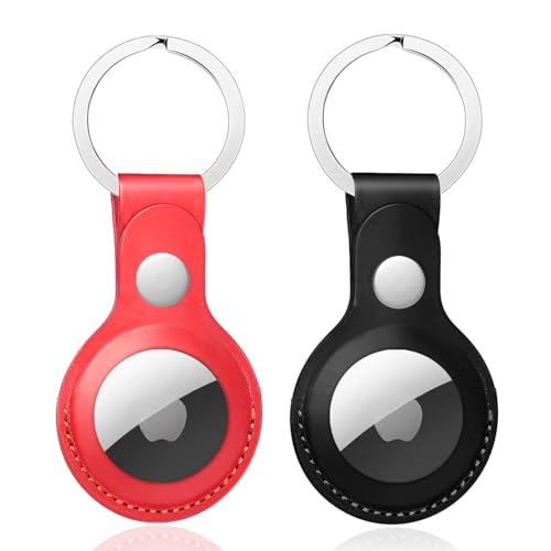 Nepfaivy Schlüsselanhänger Hülle für Airtag aus PU-Leder - 2er Pack Anhänger Kompatibel mit Apple Airtags, Tragbares Leder Case Zubehör für Air Tag Tracker(Schwarz + Rot) von Nepfaivy