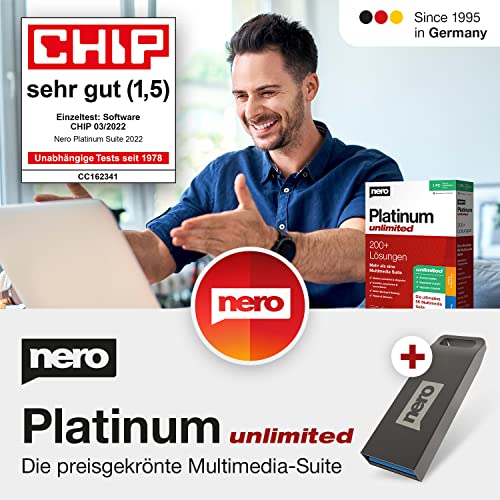 DAS SOFTWAREPAKET: Nero Platinum Unlimited Suite auf USB Stick | Videobearbeitung | Backup | Medien verwalten & abspielen | 8K | Fotos | Musik | PC Tuning | 1 PC | Windows 11 / 10 / 8 / 7 von Nero