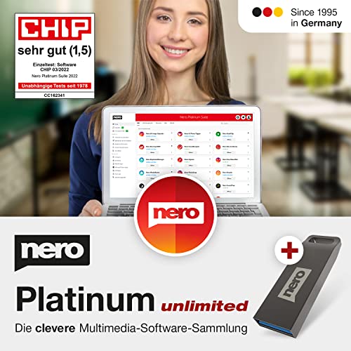 DAS SOFTWAREPAKET: Nero Platinum Unlimited Suite auf USB Stick | Videobearbeitung | Backup | Medien verwalten & abspielen | 8K | Fotos | Musik | PC Tuning | 1 PC | Windows 11 / 10 / 8 / 7 von Nero