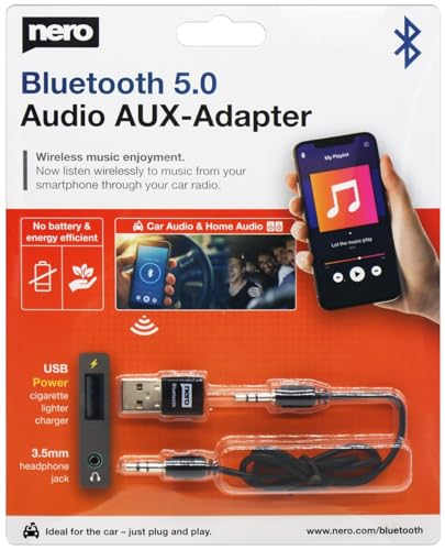 Das Nero Original, Kleiner Bluetooth 5.0 Audio AUX-Adapter (Bluetooth Adapter z.B. für Auto, HiFi Anlage etc.) | Receiver | USB Dongle | Transmitter Wireless | Musik | 3,5 mm Klinke von Nero