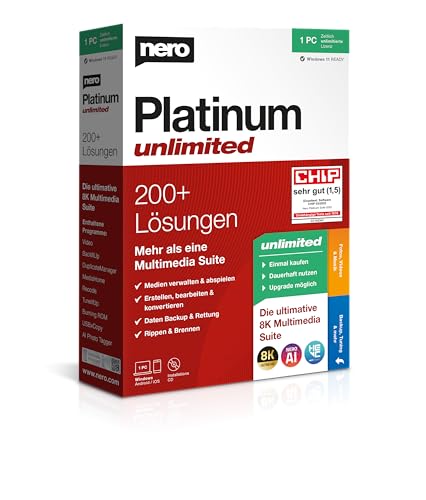 Nero Platinum Unlimited | Retailbox mit CD | Videobearbeitung | Medien verwalten & abspielen | Künstliche Intelligenz | 8K | Fotos | Musik | PC Tuning | Windows 11 / 10 / 8 / 7 von Nero