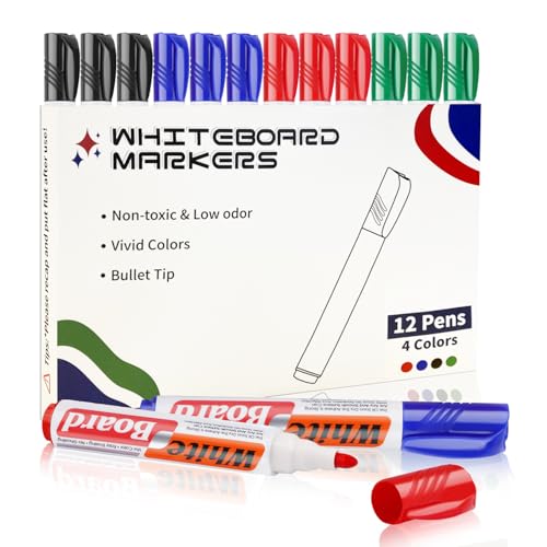 Nesayerk Whiteboard Marker Set, 12er Whiteboard Stifte Abwischbar mit 2-3mm Rundspitze, 4 Farben Whiteboard Marker Schwarz/Blau/Rot/Grün für Büro, Zuhause, Schule von Nesayerk