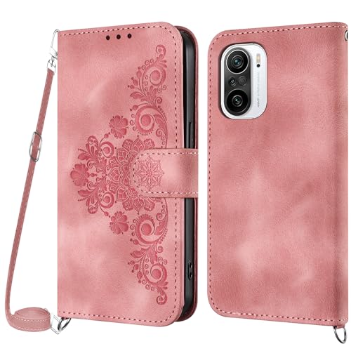 Netany Handykette Hülle für Xiaomi Poco F3/Redmi K40/Redmi K40 Pro, Handyhülle Hülle mit Kette Klappbar, PU Leder Necklace Klapphülle und Umhängeband Lanyard Flip Stoßfest Schutzhülle mit Band (Rosa) von Netany