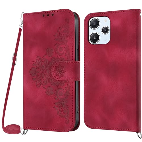 Netany Handykette Hülle für Xiaomi Redmi 12 4G, Handyhülle für Xiaomi Redmi 12 4G Hülle mit Kette Klappbar, PU Leder Necklace Klapphülle und Umhängeband Lanyard Flip Schutzhülle mit Band (Rot) von Netany