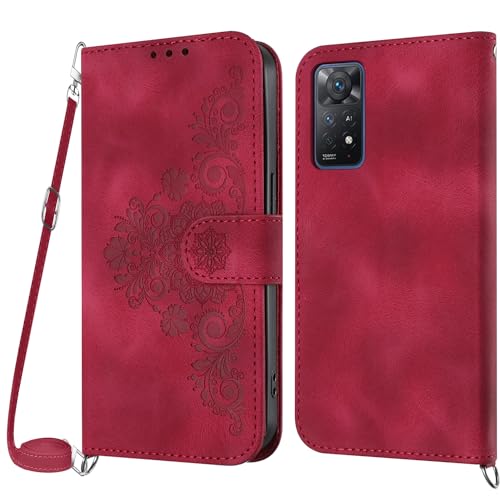 Netany Handykette Hülle für Xiaomi Redmi Note 11 Pro Plus, Handyhülle Hülle mit Kette Klappbar, PU Leder Necklace Klapphülle und Umhängeband Lanyard Flip Stoßfest Schutzhülle mit Band (Rot) von Netany