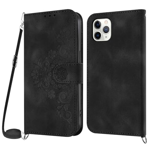 Netany Handykette Hülle für iPhone 11 Pro Max, Handyhülle iPhone 11 Pro Max (6,5 Zoll) Hülle mit Kette Klappbar, PU Leder Necklace Klapphülle und Umhängeband Lanyard Flip Schutzhülle mit Band(Schwarz) von Netany