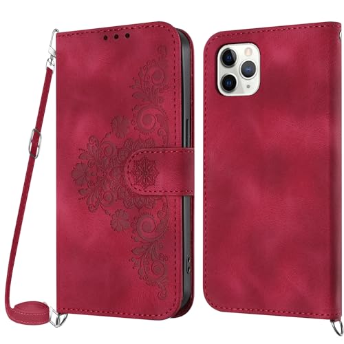 Netany Handykette Hülle für iPhone 11 Pro Max, Handyhülle iPhone 11 Pro Max (6,5 Zoll) Hülle mit Kette Klappbar, PU Leder Necklace Klapphülle und Umhängeband Lanyard Flip Schutzhülle mit Band (Rot) von Netany