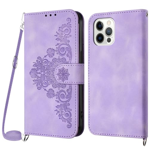 Netany Handykette Hülle für iPhone 12/12 Pro, Handyhülle iPhone 12/12 Pro (6,1 Zoll) Hülle mit Kette Klappbar, PU Leder Necklace Klapphülle und Umhängeband Lanyard Flip Schutzhülle mit Band (Lila) von Netany