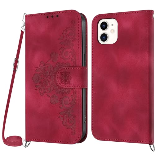 Netany Handykette Hülle für iPhone 12 Mini, Handyhülle für iPhone 12 Mini (5,4 Zoll) Hülle mit Kette Klappbar, PU Leder Necklace Klapphülle und Umhängeband Lanyard Flip Schutzhülle mit Band (Rot) von Netany