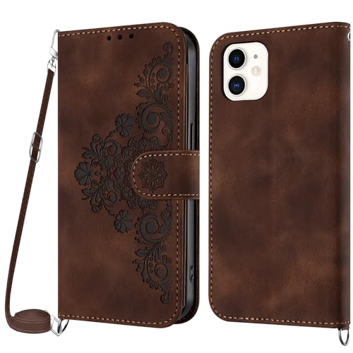 Netany Handykette Hülle für iPhone 12 Mini, Handyhülle für iPhone 12 Mini (5,4 Zoll) Hülle mit Kette Klappbar, PU Leder Necklace Klapphülle und Umhängeband Lanyard Flip Schutzhülle mit Band (Braun) von Netany