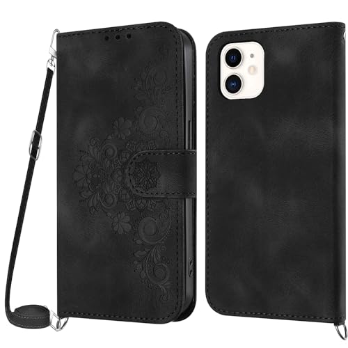 Netany Handykette Hülle für iPhone 12 Mini, Handyhülle für iPhone 12 Mini (5,4 Zoll) Hülle mit Kette Klappbar, PU Leder Necklace Klapphülle und Umhängeband Lanyard Flip Schutzhülle mit Band (Schwarz) von Netany